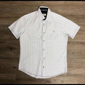 Burnside Men’s Short Sleeved Dress shirt, white with small blue pattern Sz S